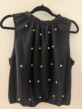 SHEIN Black Pearl-Accent Sleeveless Blouse